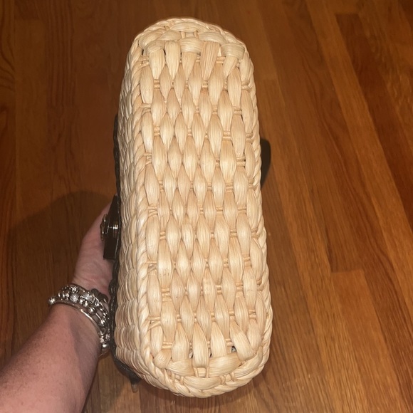 Brighton cross/ shoulder bag black & white gingham print w/ rattan & leather - Picture 3 of 10